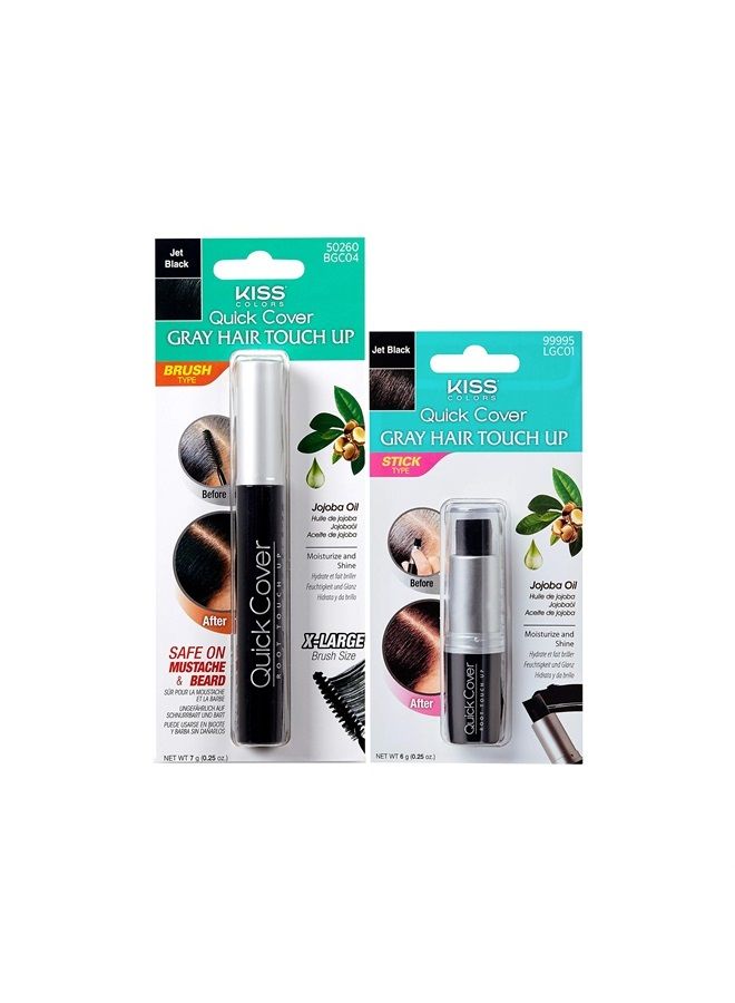 RED by Kiss Quick Cover Gray Hair Touch Up, Root Touch Up, Moisturize and Shine, Brush Type & Stick Type Set (Jet Black)