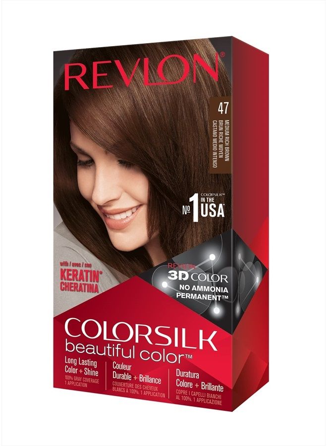 Permanent Hair Color by Revlon, Permanent Hair Dye, Colorsilk with 100% Gray Coverage, Ammonia-Free, Keratin and Amino Acids, 47 Medium Rich Brown, 4.4 Oz (Pack of 1)