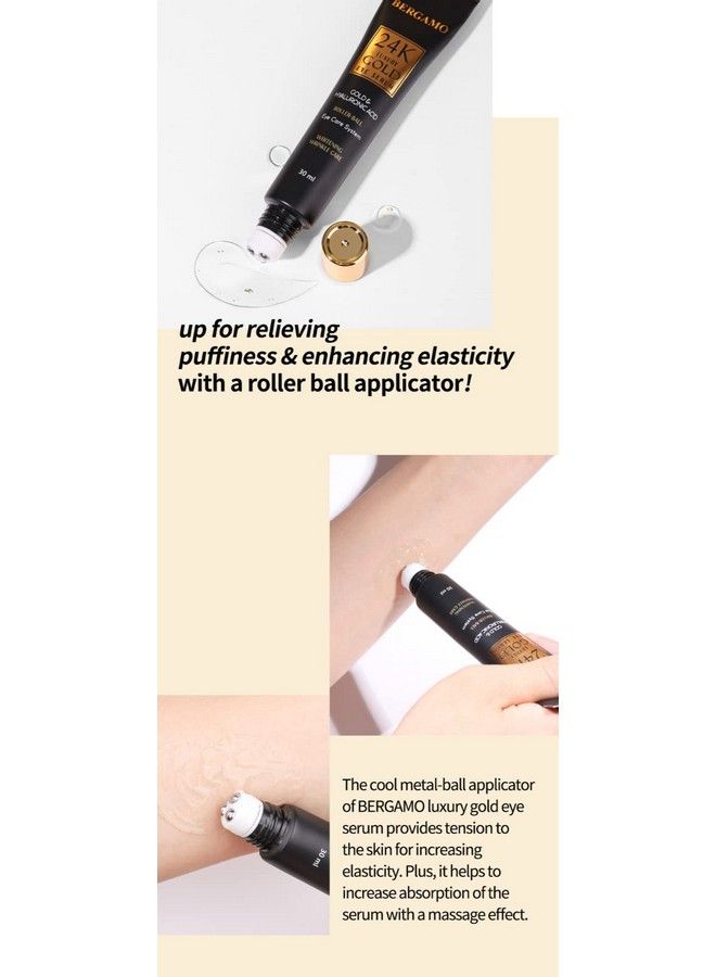 Luxury 24K Gold & Octo Hyaluronic Acid Eye Cream 1.01Fl Oz/30Ml With Ball Roller Applicator | Made In Korea K Beauty Korean Skin Care Eye Wrinkle Care Skin Brightening Cooling&Massasge Roller