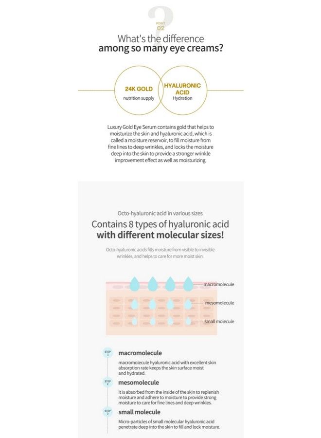 Luxury 24K Gold & Octo Hyaluronic Acid Eye Cream 1.01Fl Oz/30Ml With Ball Roller Applicator | Made In Korea K Beauty Korean Skin Care Eye Wrinkle Care Skin Brightening Cooling&Massasge Roller