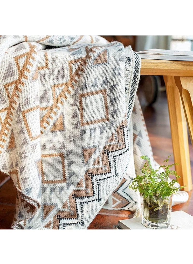 Boho Throw Blanket, Knitted Brown Tassel Throw Blankets, Soft Lightweight Vintage Tan Throw Blanket for Sofa Couch Bed and Living Room- All Seasons