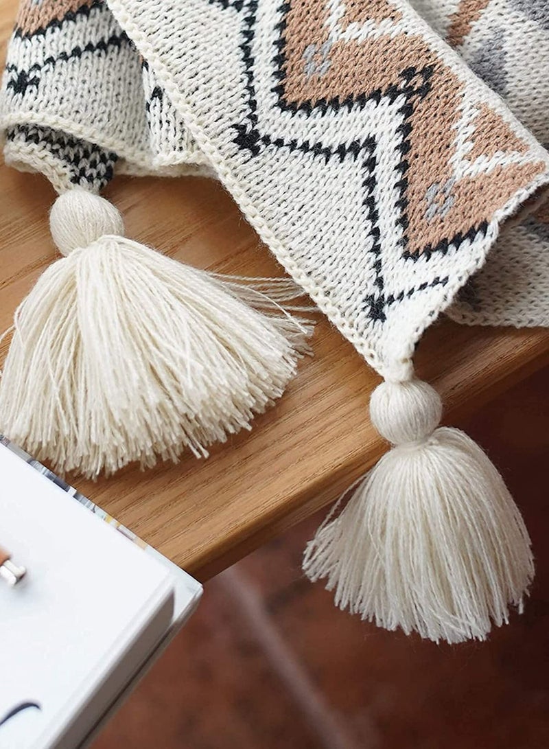 Boho Throw Blanket, Knitted Brown Tassel Throw Blankets, Soft Lightweight Vintage Tan Throw Blanket for Sofa Couch Bed and Living Room- All Seasons