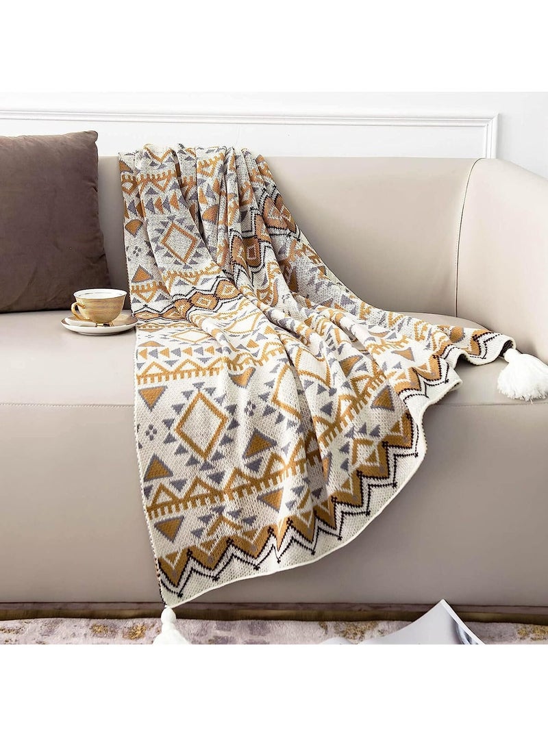 Boho Throw Blanket, Knitted Brown Tassel Throw Blankets, Soft Lightweight Vintage Tan Throw Blanket for Sofa Couch Bed and Living Room- All Seasons