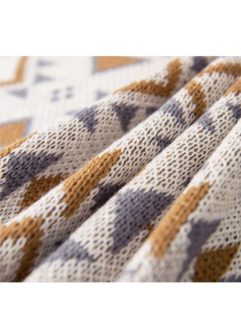 Boho Throw Blanket, Knitted Brown Tassel Throw Blankets, Soft Lightweight Vintage Tan Throw Blanket for Sofa Couch Bed and Living Room- All Seasons