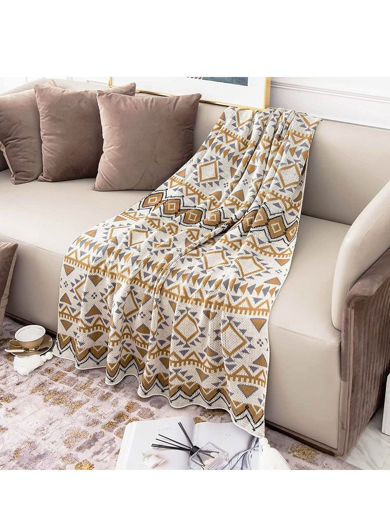Boho Throw Blanket, Knitted Brown Tassel Throw Blankets, Soft Lightweight Vintage Tan Throw Blanket for Sofa Couch Bed and Living Room- All Seasons