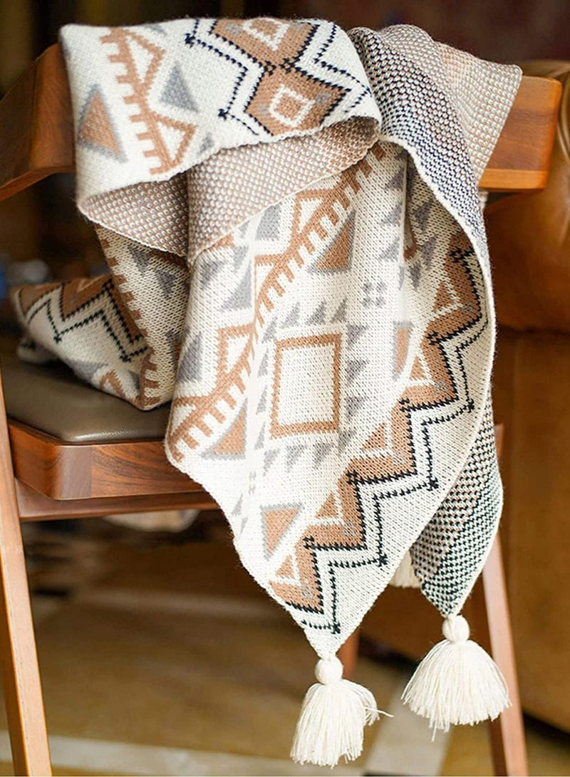 Boho Throw Blanket, Knitted Brown Tassel Throw Blankets, Soft Lightweight Vintage Tan Throw Blanket for Sofa Couch Bed and Living Room- All Seasons