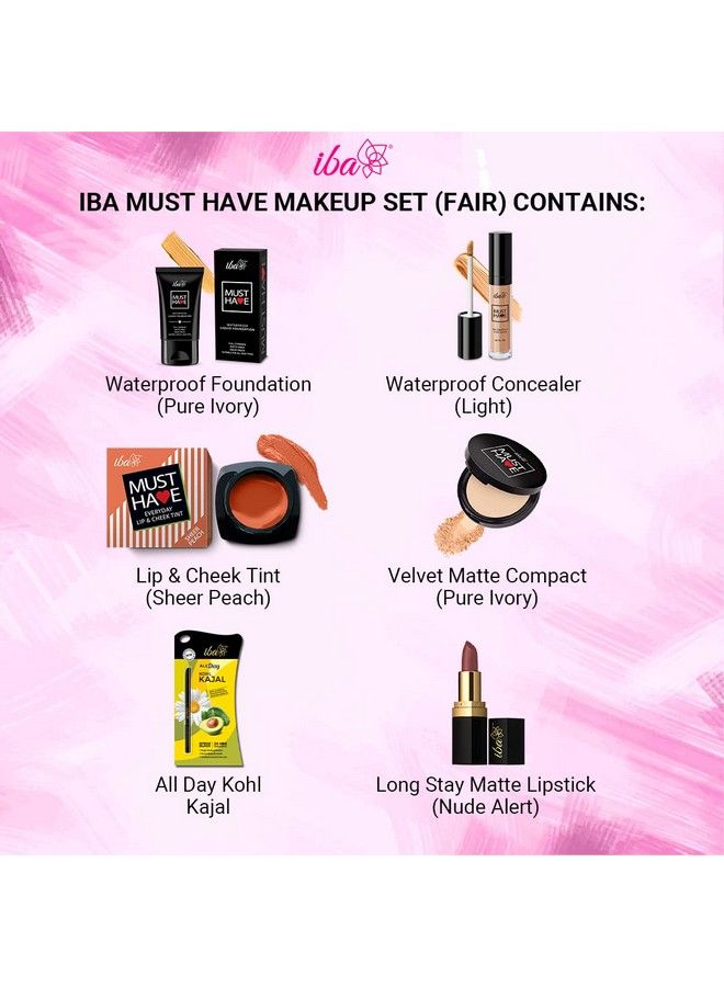 Must Have Makeup Set (Fair) Waterproof Foundation Concealer Matte Compact Lip & Cheek Tint Matte Lipstick Smudge Proof Kajal