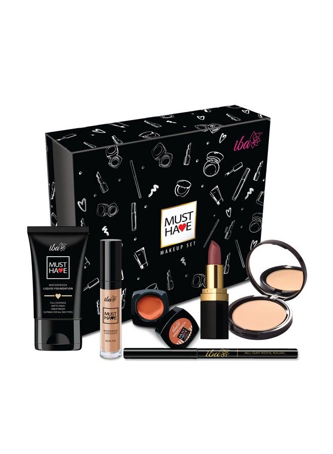 Must Have Makeup Set (Fair) Waterproof Foundation Concealer Matte Compact Lip & Cheek Tint Matte Lipstick Smudge Proof Kajal