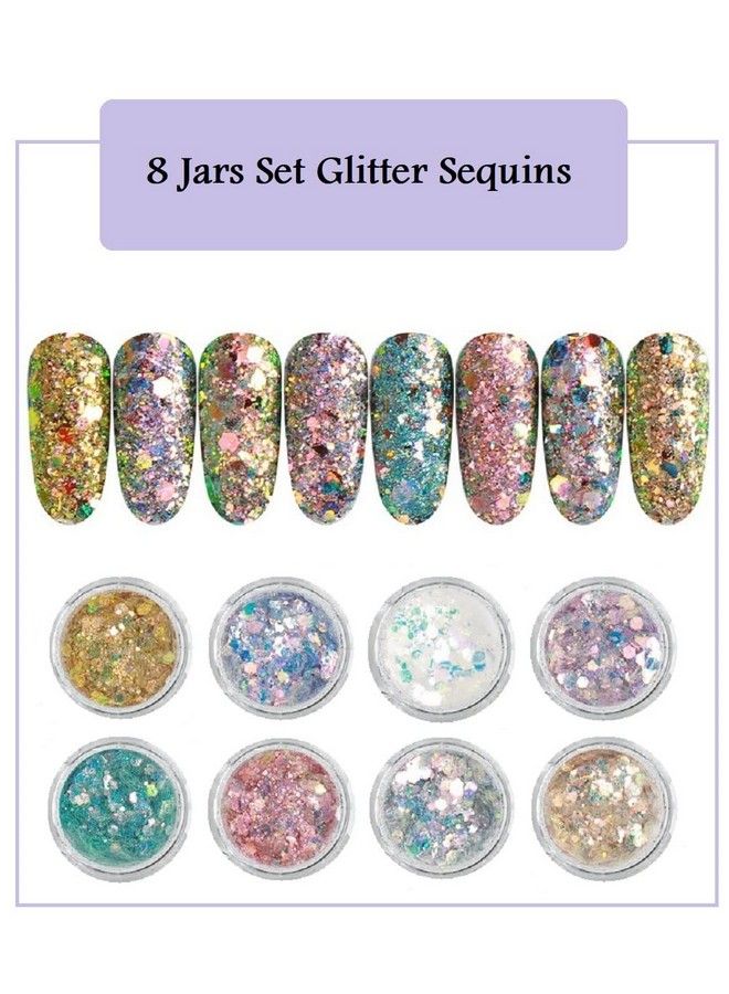 8 Pcs. 8 Colors Glitter Sequins Hexagon Nail Art Decoration Diy Manicure Accessories For Manicure