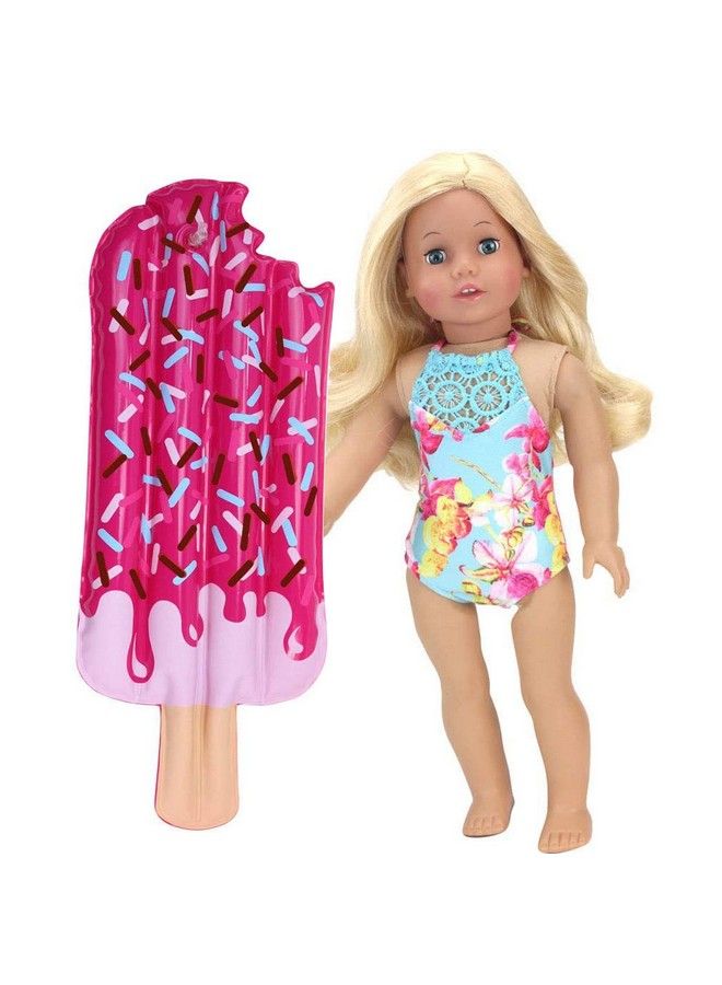 Doll Bathing Suit And Pool Float For 18 Inch Dolls ; Inflatable Popsicle Float Aqua Floral Print Swimsuit With Lace Neckline ; Dolls Sold Separately