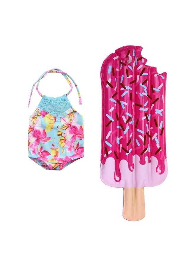 Doll Bathing Suit And Pool Float For 18 Inch Dolls ; Inflatable Popsicle Float Aqua Floral Print Swimsuit With Lace Neckline ; Dolls Sold Separately