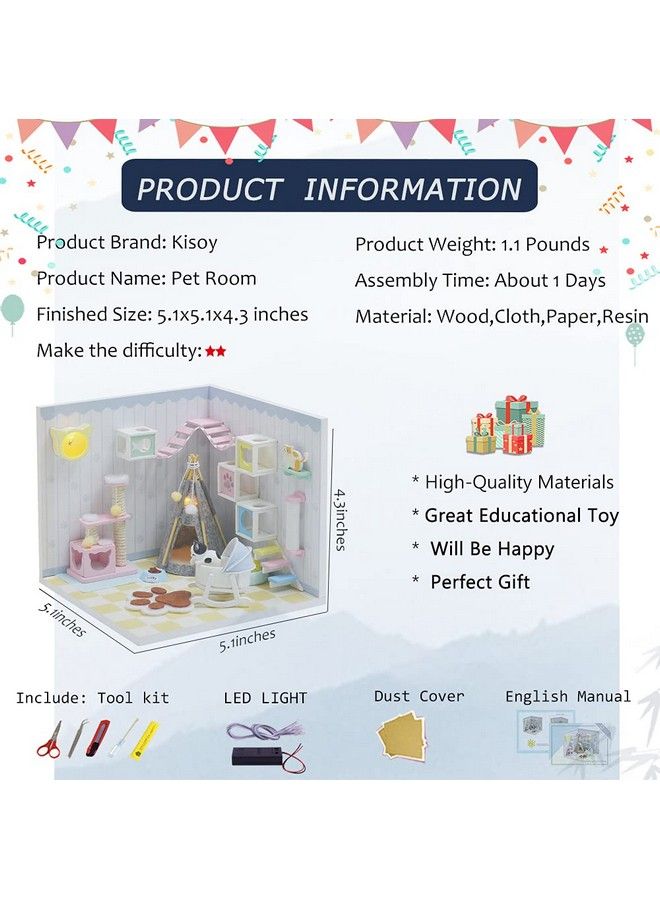 Dollhouse Miniature With Furniture Kit Diy 3D Wooden Diy House Kit A Corner Of A Small Apartment Style With Dust Cover & Ledhandmade Tiny House Toys For Kids Adults Gift (Pet Room)