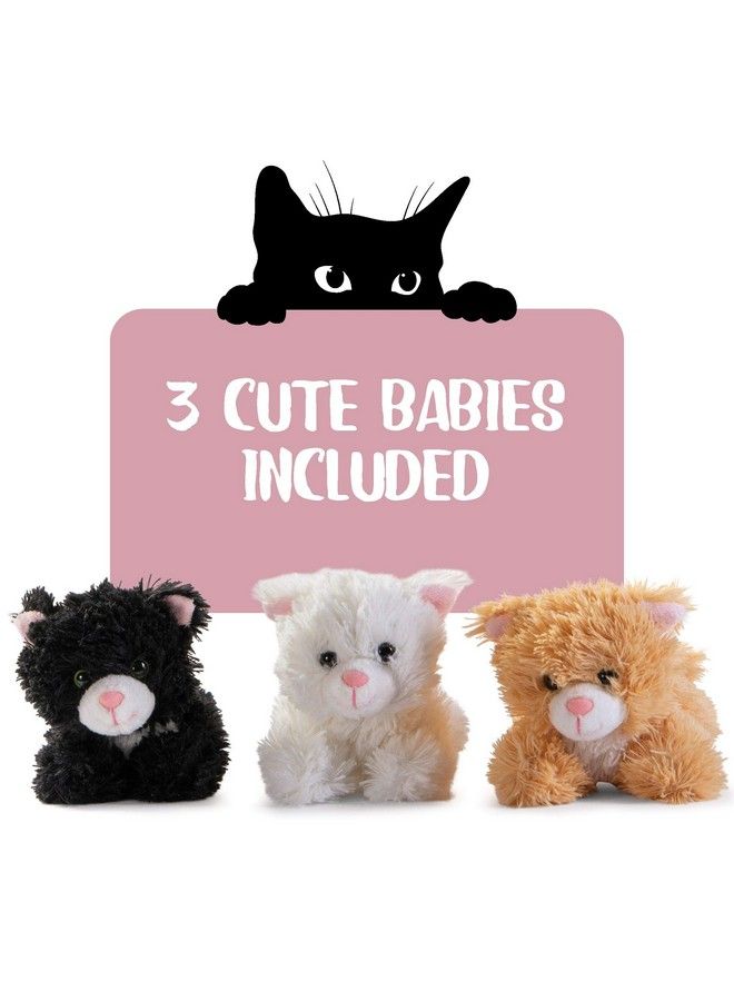 Plush Cat Toy With Zippered Pouch With 3 Little Plush Baby Kittens ; Plushlings Collection Soft Stuffed Animal Playset ; Great Gift Set For Baby Boy And Girl ; Party Favors