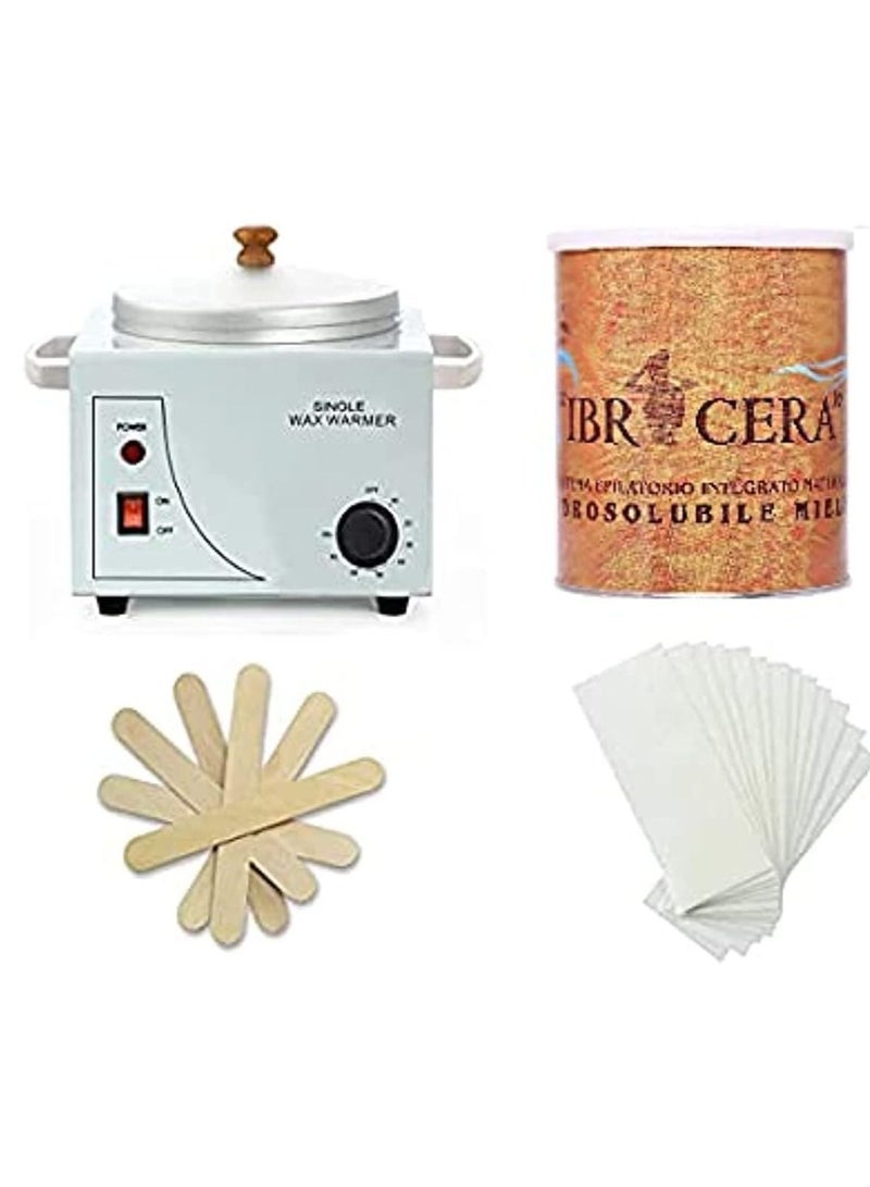 Single Wax Heater Machine Hair Removal, Waxing Kit Wax Warmer for Body Hair Removal with 600ml Dark Honey Wax, 100 Pcs Wax Paper Strip and 10 Pcs Wood Spatula