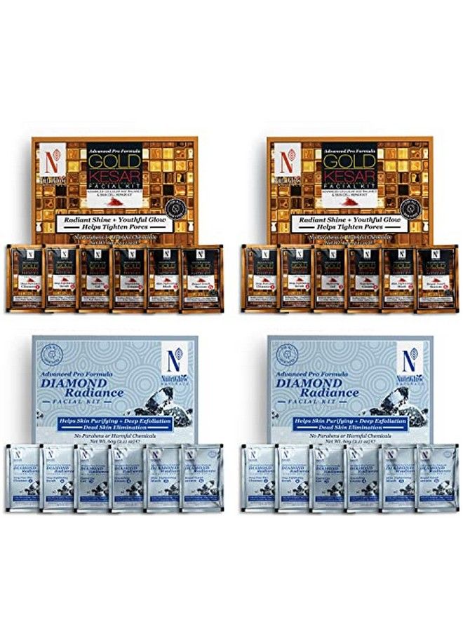 Natural'S Advanced Pro Formula Combo Pack Of 4 Gold Kesar Facial Kit & Diamond Radiance Facial Kit 60Gm Each For Skin Cell Repair Reduce Pigmentation