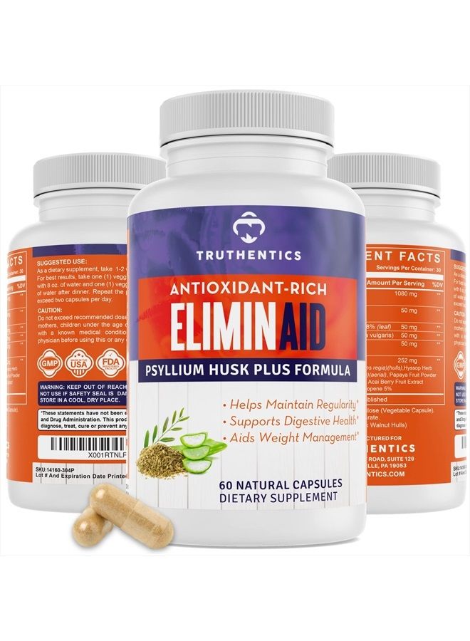 ELIMINAID Colon Cleanse Supplement with Psyllium Husk - Supports Occasional Constipation, Detox, Healthy Bowel Movements - 60 Capsules