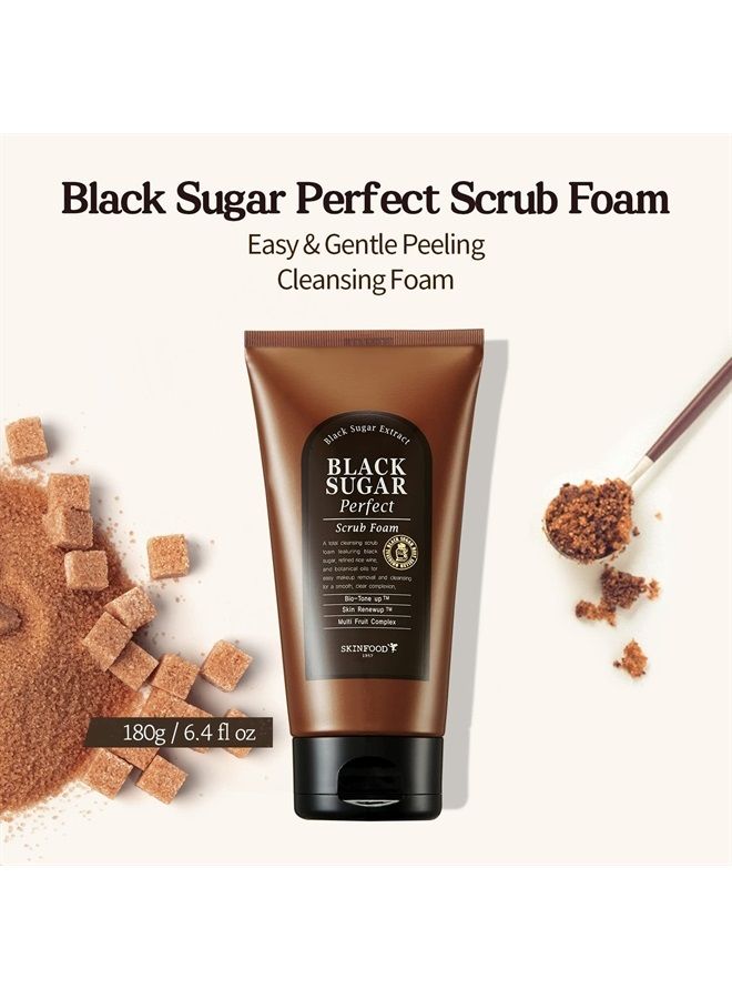 SKINFOOD Black Sugar Perfect Scrub Foam 180g - Detoxifying Pore Scrubs & Exfoliator Soft & Rich Bubble Facial Foam Cleanser, Removes Dead Skin Cells - Exfoliating Skincare for Men & Women (6.35 oz)