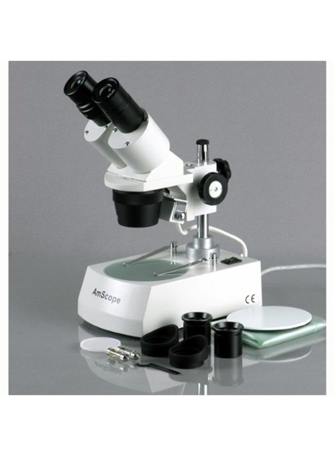 SE305R-PZ Forward Binocular Stereo Microscope, WF10x and WF20x Eyepieces, 10X-60X Magnification, 1X and 3X Objectives, Upper and Lower Halogen Light Source, Pillar Stand, 120V , White