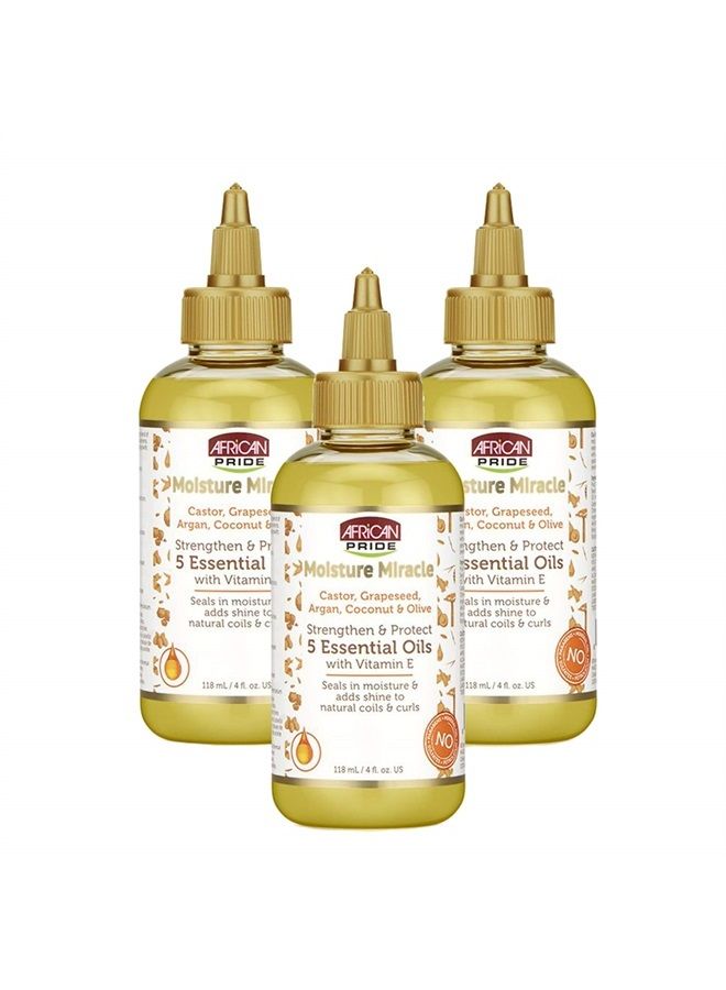 Moisture Miracle 5 Essential Oils - Contains Castor, Grapeseed, Argan, Coconut & Olive Oil, Seals in Moisture & Adds Shine, Vitamin E, 4 oz (3 Pack)