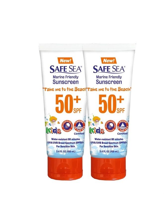 Safe Sea SPF50+ Kids Sunscreen | Travel Size 3.4 oz. | For sensitive skin | anti-jellyfish and Sea Lice sting protective lotion | Coral reef safe sunscreen (3.4 oz. tube 2 pack)