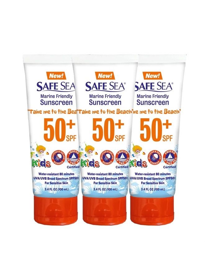 Safe sea SPF50+ 3.4 oz. tube sunscreen - Jellyfish and Sea lice protective lotion. Very Water Resistant, Sensitive skin and Reef-Safe Sunscreen. (3.4 oz. tube 3 pack)