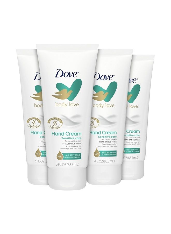 Body Love Fragrance-Free Hand Cream for Rough or Dry Skin Sensitive Care Soothes and Comforts Skin, White, 3 Oz (Pack of 4)