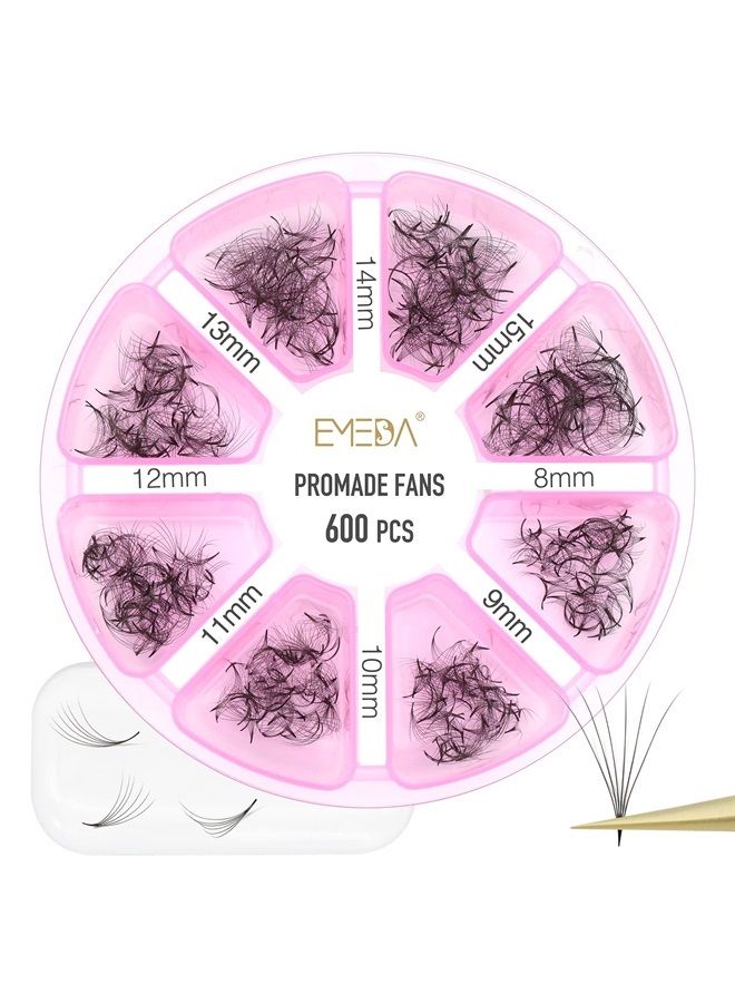 Premade Fans Eyelash Extensions 600 pcs Pointy Thin Base Promade Loose Fans Stable D Curl 8-15mm Mix Lengths Pre Made Volume Lashes with Reusable Silicone Pad by EMEDA (6D 0.07 D 8-15mm)