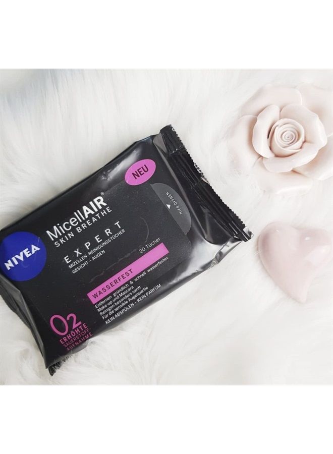 Nivea MicellAir Expert waterproof make-up remover wipes for face and eyes for sensitive skin / 20 wipes