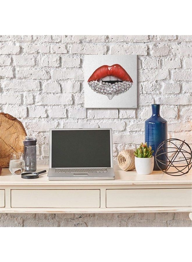 Red Glam Lips with Glistening Cosmetic Stones Wall Art, 17 x 17, White