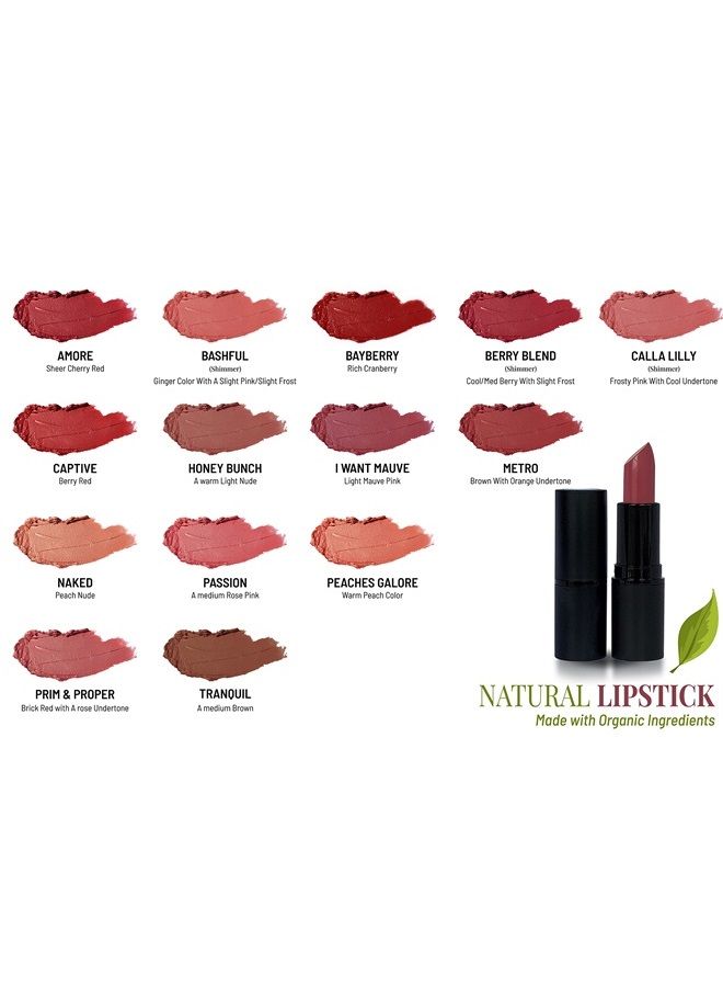 Natural Lipstick, Made with Organic Ingredients, Rich in Vitamin E, Vegan, Paraben Free, Gluten Free, Cruelty Free, Made in the USA. 0.16 oz. (Tranquil)