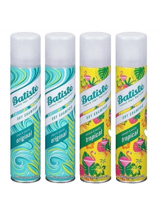 Dry Shampoo Spray 4 Pack Variety Mix, Original Clean And Classic, and Tropical Fragrance, 2 Each 6.73 oz.