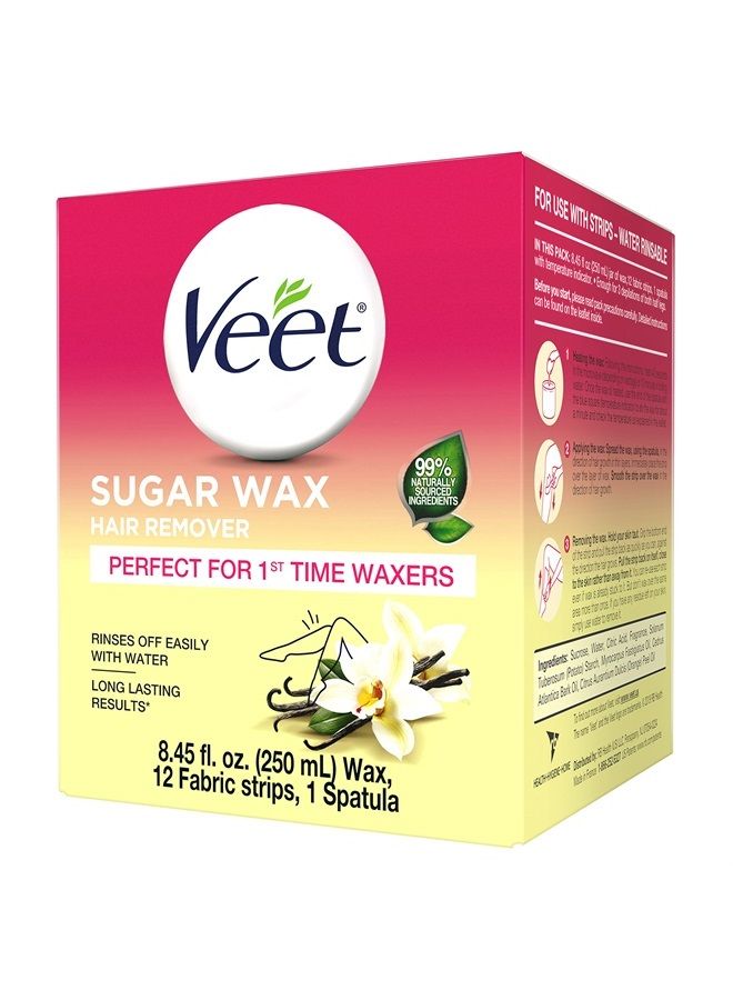 VEET Sugar Wax Hair Remover - Perfect for First Time Waxers - Contains 12 Fabric Strips & 1 Spatula with a Temperature Indicator