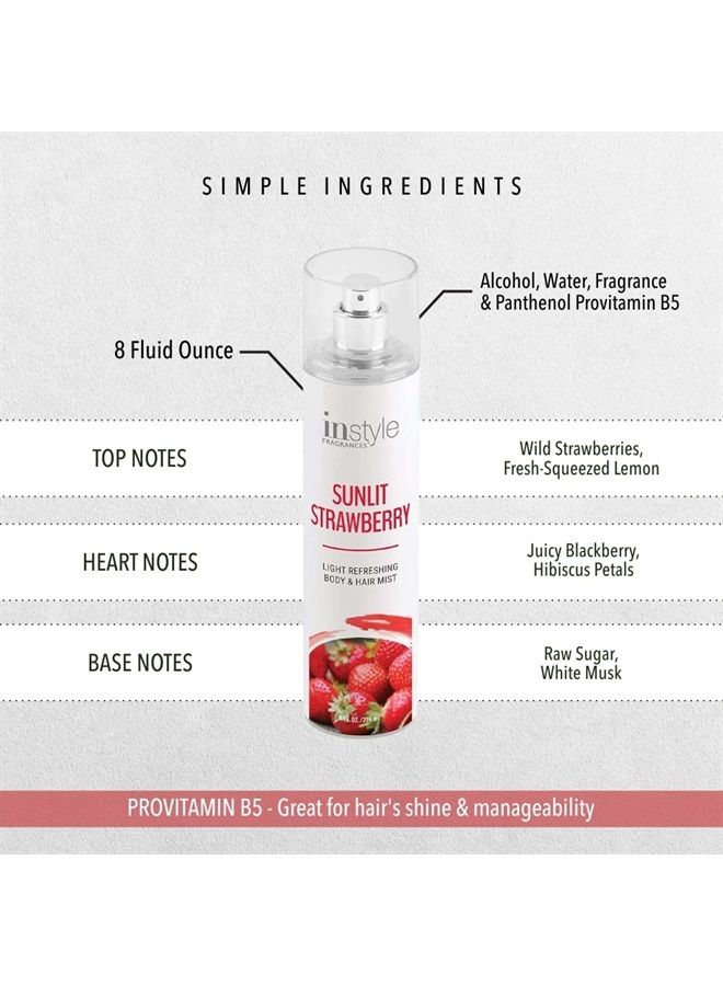 Body & Hair Mist | Sunlit Strawberry Scent | With Panthenol | CLEAN, Vegan, Paraben Free, Phthalate Free | Premium 8 Fl Oz Spray Bottle