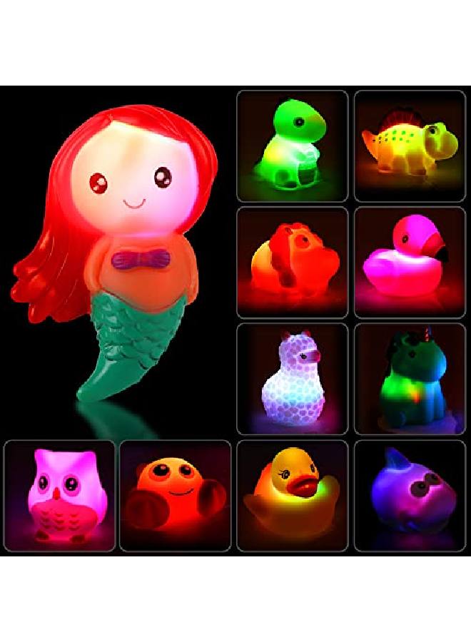 Bath Toys 12 Pack Light Up Floating Rubber Animal Set ; Flashing Color Changing Led Light In Water With Duck Mesh Storage Bag