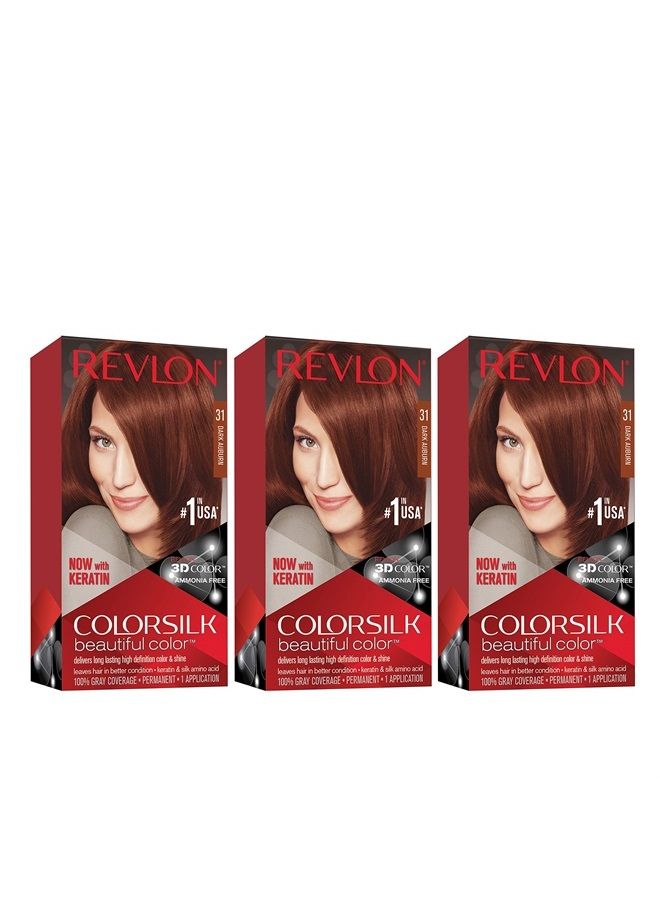 Revlon Permanent Hair Color, Permanent Hair Dye, Colorsilk with 100% Gray Coverage, Ammonia-Free, Keratin and Amino Acids, 31 Dark Auburn, 4.4 Oz (Pack of 3)