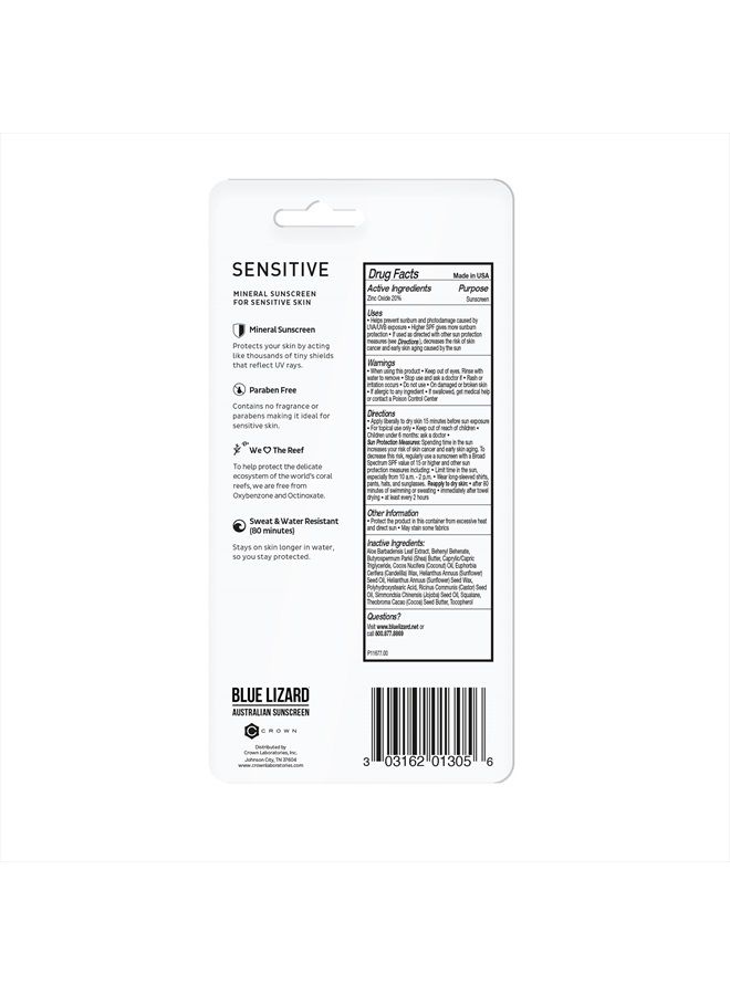 Sensitive Mineral Sunscreen Stick with Zinc Oxide, SPF 50+, Water Resistant, UVA UVB Protection Easy to Apply, Fragrance Free, 0.5 Oz