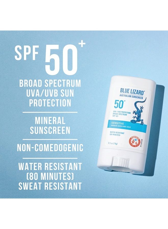 Sensitive Mineral Sunscreen Stick with Zinc Oxide, SPF 50+, Water Resistant, UVA UVB Protection Easy to Apply, Fragrance Free, 0.5 Oz