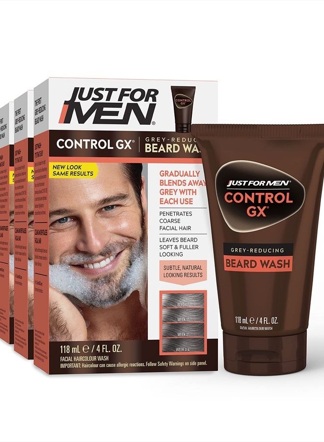 Just For Men Control GX Grey Reducing Beard Wash Shampoo, Gradually Colors Mustache and Beard, Leaves Facial Hair Softer and Fuller, 4 Fl Oz - Pack of 3 (Packaging May Vary)