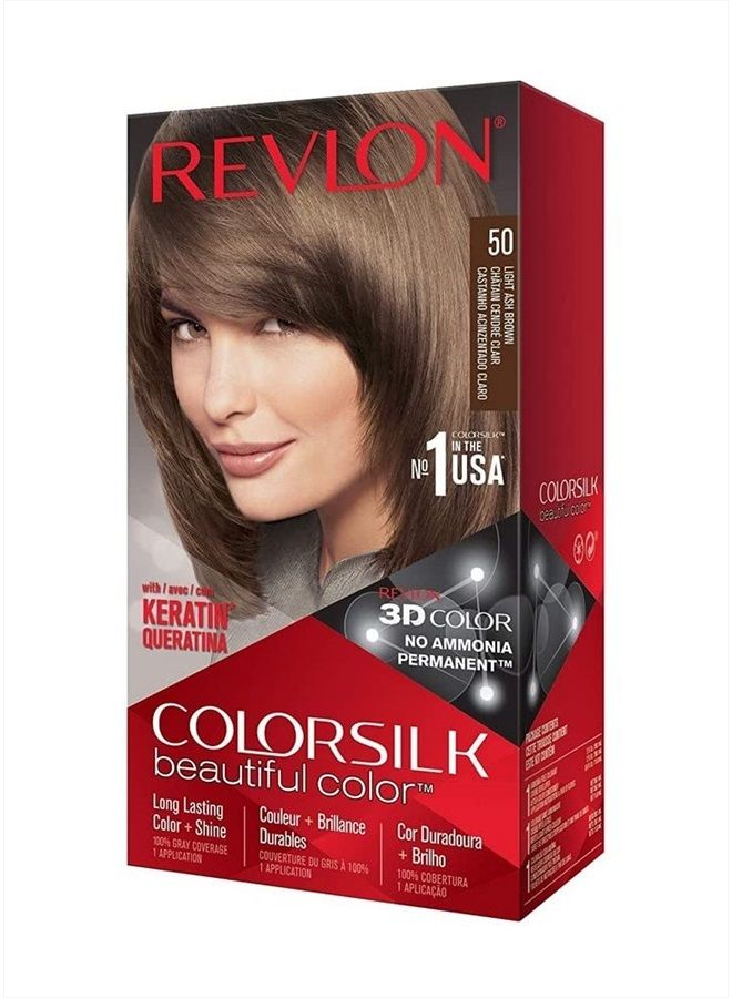 Permanent Hair Color by Revlon, Permanent Hair Dye, Colorsilk with 100% Gray Coverage, Ammonia-Free, Keratin and Amino Acids, 50 Light Ash Brown, 4.4 Oz (Pack of 1)