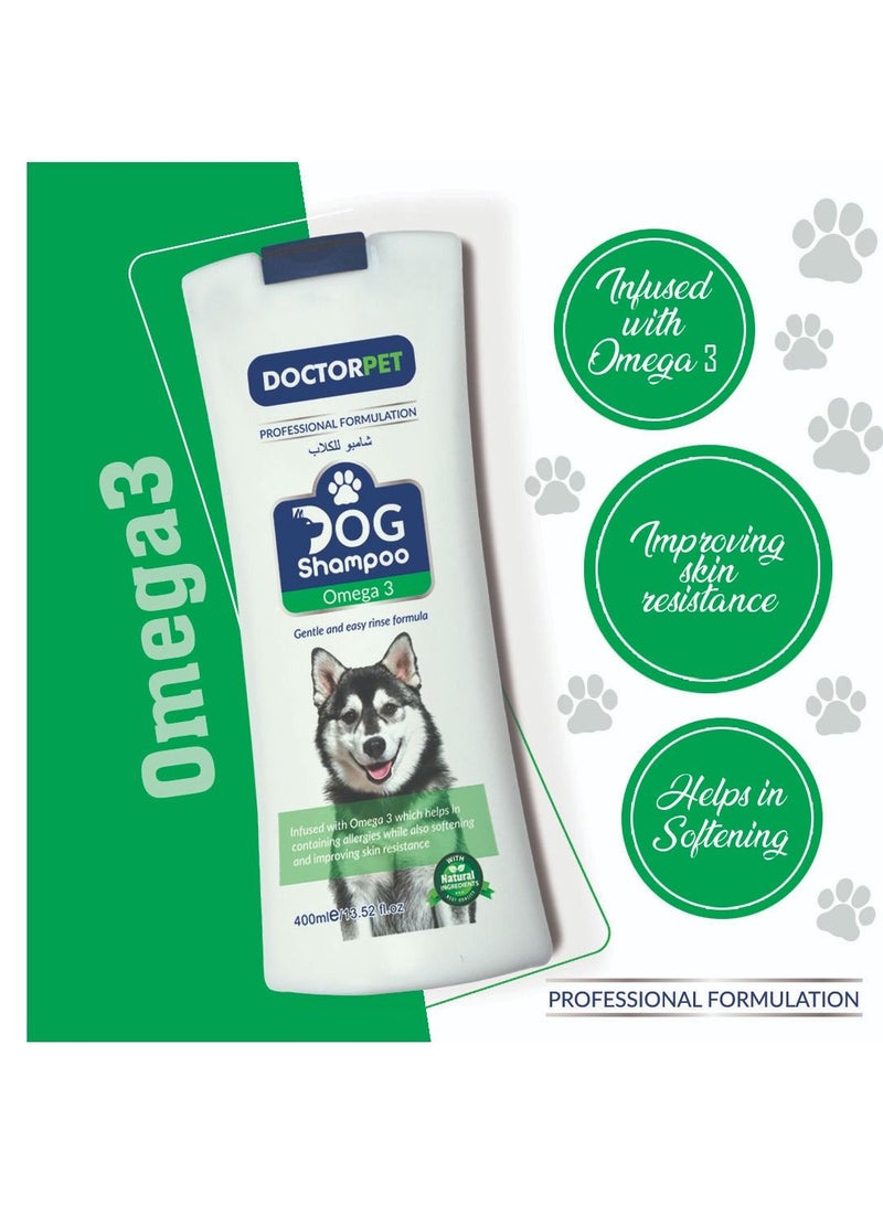 Doctor Pet Dog Shampoo Omega-3 400ML – Moisturizing, Hypo-Allerginic, Gentle Formula for Soft, Healthy Coat & Skin