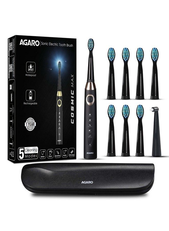 Cosmic Plus Max Sonic Electric Tooth Brush For Adults With 5 Modes 7 Brush Heads 1 Interdental Head Carry Case And Rechargeable With 4 Hours Charge Lasting Up To 25 Days Power Toothbrushblack