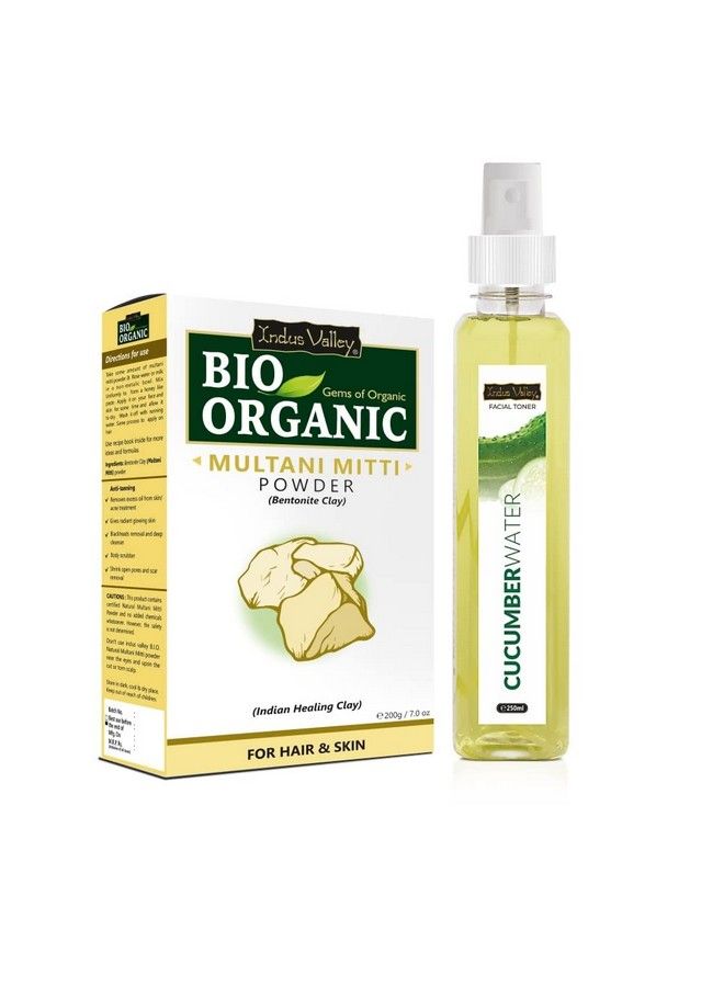 Bio Organic Multani Mitti Powder ; Healing Clay ; Bentonite Clay + Aloevera Cucumber Water Toner 200G+250Ml