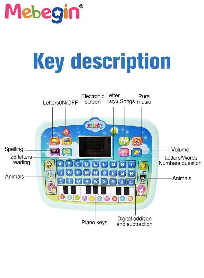 Kids Tablet Learning Machine Pad Toy with A-to-Z Alphabet and 1-to-10 Numbers, Early Education Intelligent Story Machine, Multifunctional Learning Tablet with Music, 3 AA Batteries Required(Not Included), Ideal Gift for Kids Aged 3+