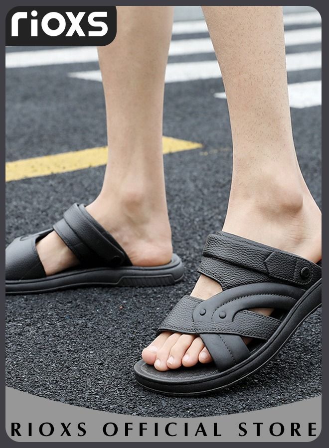 Men's Casual Open Toe Water Sandals Summer Hiking Beach Outdoor Comfortable Slippers Slide Adjustable Flat Shoes With Back-Strap