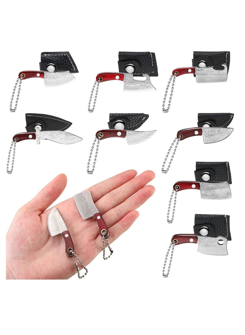 Mini Knifes, 8 Pcs Knife Keychain, Pocket Knife Set, Tiny Knife Key Chain, Wooden Handle Small Leather Sleeve Knife, Outdoor Portable Carry on Decorative Gift Package Unboxing Knife Letter Opener