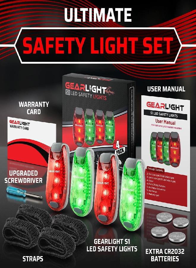 GearLight S1 LED Safety Lights Bike Taillights - Clip-On for Boat, Bike, Dog & Runners - Red, Green - Pocket-Sized, Compact, Portable (Pack of 4)