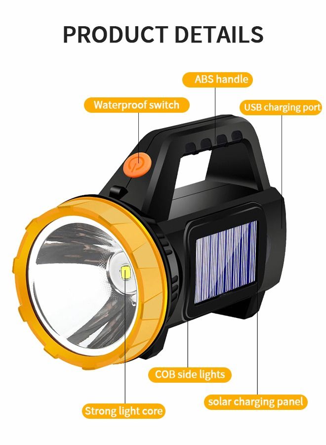 Solar Rechargeable Handheld Flashlight, Led Flashlight High Lumens Super Bright with Cob Light,  Portable Searchlight Waterproof 1500 Mah for Mining,Camping, Hiking, Fishing