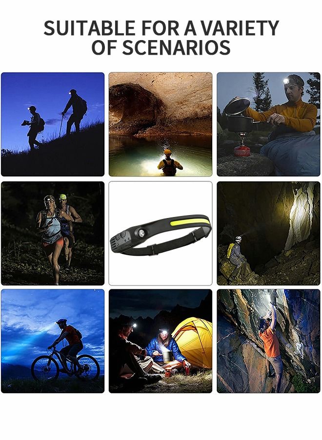 Motion Sensor COB Headlights Rechargeable, Waterproof Head Lamp Flashlights, Wide Beam Headlamps, Lightweight Headlamps for Camping Outdoor Running, Fishing, Hiking