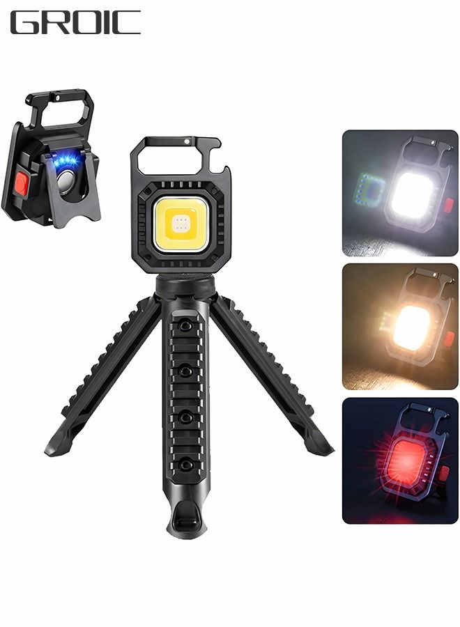 LED COB Flashlight, Keychain Light with Stand, 500 Lumen Rechargeable Keychain Flashlights, 7 Light Modes Portable Pocket Light with Folding Bracket Bottle Opener for Camping, Emergency, Fishing