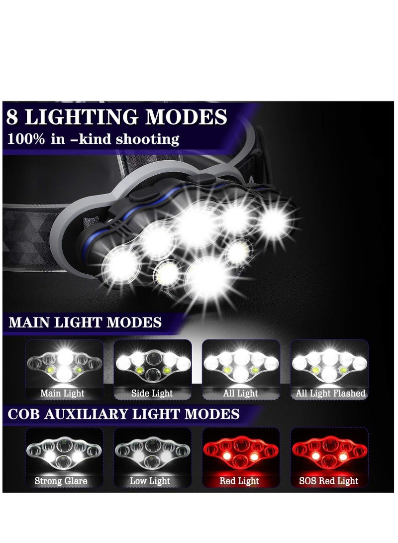 Head Torch Super Bright Headlight 18000 Lumens 8 LED 8 Modes Headlamp Rechargeable Waterproof with Red Flash Light Head Torch for Camping Fishing Running